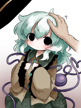 1girl black_eyes black_hat blouse blush buttons collared_shirt diamond_button eyeball frilled_shirt_collar frilled_sleeves frills green_hair green_skirt hand_on_another&#039;s_head hat hat_ribbon headpat heart heart_of_string heripantomorrow komeiji_koishi pov pov_hands ribbon shirt skirt third_eye touhou unworn_headwear yellow_ribbon yellow_shirt