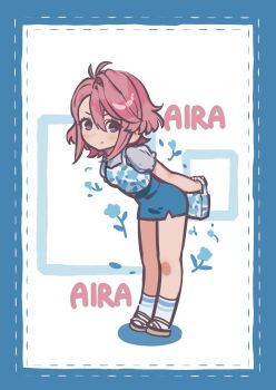 1girl ahoge arms_behind_back bag blue_border blue_shirt blue_skirt blush border breasts character_name dandadan full_body grey_sandals grey_shirt hair_between_eyes highres holding holding_bag jeon10457441 leaning_forward light_frown medium_breasts parted_bangs pink_eyes pink_hair print_shirt puffy_short_sleeves puffy_sleeves sandals shiratori_aira_(dandadan) shirt shirt_under_shirt short_sleeves side_slit skirt socks solo striped_clothes striped_socks white_background