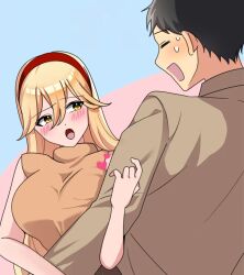 Rule 34 | 1boy, 1girl, blonde hair, breast press, breasts, large breasts, manga room, squished boobs, third-party edit