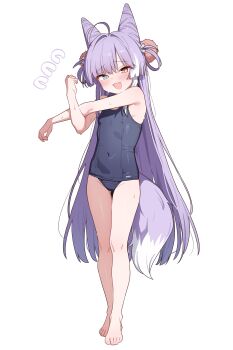 Rule 34 | 1girl, :d, absurdres, ahoge, bare legs, barefoot, blue eyes, blush, commentary request, cone hair bun, cross-body stretch, double bun, fang, fox tail, hair bun, hair intakes, hair ornament, hair rings, heterochromia, highres, korean commentary, long hair, looking at viewer, multicolored hair, old school swimsuit, open mouth, pom pom (clothes), pom pom hair ornament, purple hair, purple tail, saho 4545, school swimsuit, simple background, skin fang, smile, solo, stellive, streaked hair, stretching, swimsuit, tail, tenko shibuki, virtual youtuber, white background, yellow eyes