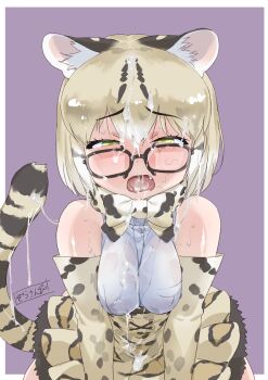 1girl absurdres animal_ears animal_print black_hair blonde_hair blush bow bowtie breasts bukkake cat_ears cat_tail commentary cum cum_in_mouth cum_on_body cum_on_breasts cum_on_clothes cum_on_eyewear cum_on_hair cum_on_tongue cum_on_upper_body cum_string elbow_gloves facial glasses gloves highres kemono_friends kemono_friends_3 margay_(kemono_friends) masuyama_ryou multicolored_hair open_mouth print_bow print_bowtie shirt short_hair skirt sleeveless stray_pubic_hair tail
