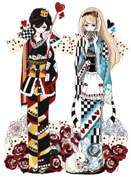 2girls alice_(alice_in_wonderland) alice&#039;s_adventures_in_wonderland animal black_eyes black_hair black_headband black_kimono black_ribbon black_sash blonde_hair blue_kimono box card checkered_clothes checkered_kimono crown floral_print flower frilled_kimono frills ginkou_(atmzh) hair_flower hair_ornament hair_over_one_eye headband heart heart_wand highres holding holding_box holding_wand japanese_clothes kimono blue_kimono lolita_fashion long_hair mini_crown multicolored_clothes multiple_girls obi original playing_card pocket_watch print_kimono queen_of_hearts_(alice_in_wonderland) rabbit red_flower red_kimono red_rose ribbon rose sash spade_(shape) standing swept_bangs wa_lolita wand watch white_background white_flower white_rose wide_sleeves yellow_kimono yellow_sash