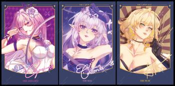 3girls aglaea_(honkai:_star_rail) alternate_costume armpits black_gloves blonde_hair breasts castorice_(honkai:_star_rail) character_name cleavage commentary cyrene_(honkai:_star_rail) cyrene_(ripples_of_past_reverie)_(honkai:_star_rail) dress english_commentary flower gloves green_eyes hair_flower hair_ornament highres holding holding_weapon hongngcminhchu3 honkai:_star_rail honkai_(series) large_breasts long_hair medium_breasts multiple_girls pink_hair pointy_ears purple_eyes purple_hair short_hair upper_body very_long_hair weapon white_dress