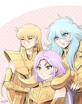 3boys aries_muu armor bindi blonde_hair blue_eyes blue_hair chair cowboy_shot eyeliner facial_mark fake_horns fingernails forehead_mark gold_armor gold_cloth gold_saint green_eyes hikimayu horned_armor horns light_frown long_hair low_ponytail makeup male_focus mizuhara_aki mole mole_under_eye multiple_boys on_chair open_mouth out_of_frame pauldrons pisces_aphrodite ponytail purple_hair red_eyeliner saint_seiya shoulder_armor sitting standing sweatdrop trap v-shaped_eyebrows virgo_shaka