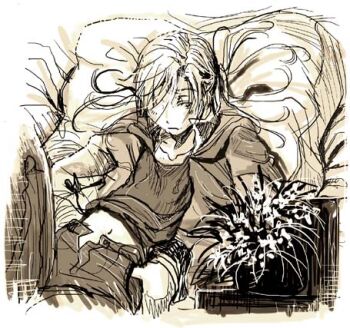 1boy alphonse_elric androgynous black_shirt conqueror_of_shambala flower frown fullmetal_alchemist greyscale hair_over_one_eye jacket kiwakiwa long_hair looking_away lowres male_focus monochrome navel open_pants pants pillow shirt solo solo_focus