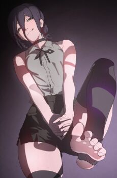 Rule 34 | 1girl, absurdres, black choker, black hair, black ribbon, black shorts, black thighhighs, chainsaw man, choker, esmile, gradient background, green eyes, grenade pin, grey shirt, hair between eyes, highres, interlocked fingers, leg lift, neck ribbon, own hands together, purple background, reze (chainsaw man), ribbon, shirt, shorts, sleeveless, sleeveless shirt, solo, stirrup legwear, thighhighs, toeless legwear