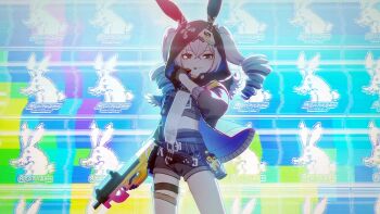 1girl animal_ears animal_hood black_gloves black_jacket black_shorts bronya_zaychik bronya_zaychik_(haxxor_bunny) bullpup drill_hair explosive gloves grenade grey_eyes grey_hair gun hair_between_eyes highres holding holding_grenade holding_gun holding_weapon honkai_(series) honkai_impact_3rd hood horizontal_magazine jacket long_sleeves looking_at_viewer official_art p90 personal_defense_weapon rabbit_ears shorts smile solo static submachine_gun teeth twin_drills weapon