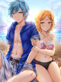 1boy 1girl alternate_costume alternate_eye_color alternate_hair_color beach belt belt_buckle bikini blonde_hair blue_sky blush breasts brown_belt buckle cleavage closed_mouth commentary_request commission cosplay female_corrin_(cipher_shell_bikini)_(fire_emblem) female_corrin_(fire_emblem) female_corrin_(fire_emblem)_(cosplay) fire_emblem fire_emblem_awakening fire_emblem_cipher fire_emblem_fates grey_shorts hair_ornament highres kei_(asufend) locked_arms male_robin_(fire_emblem) medium_breasts navel nintendo noire_(fire_emblem) ocean pixiv_commission sand shell shell_bikini shorts sitting sky swimsuit water yellow_eyes