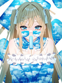 1girl absurdres artist_name bare_shoulders blonde_hair blue_eyes bow commentary dress eyelashes food food_in_mouth frilled_dress frilled_sailor_collar frills hair_between_eyes hair_bow hair_intakes hair_ornament hairclip highres long_hair looking_at_viewer original popsicle popsicle_in_mouth print_dress print_sailor_collar sailor_collar sidelocks sky_print solo sunglasses symbol-only_commentary twintails upper_body wanko_(yurika0320) white_bow x_hair_ornament