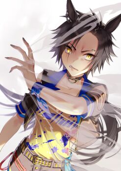 Rule 34 | 1girl, air shakur (umamusume), air shakur (unsigned) (umamusume), akatsuki (kuon), animal ears, belt, black belt, black hair, black jacket, black shorts, clenched teeth, collarbone, commentary request, cropped jacket, ear chain, ear ornament, eyebrow piercing, face piercing, horse ears, horse girl, horse tail, jacket, linked piercing, long hair, looking at viewer, open clothes, paint on clothes, parted lips, piercing, sharp teeth, shirt, short sleeves, shorts, smoke, solo, tail, teeth, umamusume, yellow eyes, yellow shirt