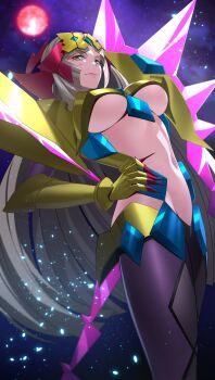 1girl absurdres armor blonde_hair breasts clawed_gauntlets fine_(symphogear) full_moon gauntlets hand_on_own_hip headgear highres large_breasts long_hair moon navel nefushutan_no_yoroi night nyanmaru pantyhose red_moon scene_reference senki_zesshou_symphogear smirk solo stomach underboob very_long_hair yellow_eyes