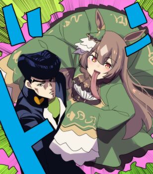 1boy 1girl animal_ears black_hair bow brown_dress brown_hair diamond_wa_kudakenai double-parted_bangs dress ear_ornament ear_ribbon expressionless freaky_satono_diamond_(meme) gakuran higashikata_josuke highres hinghoi horse_ears horse_girl jojo_no_kimyou_na_bouken long_sleeves long_tongue meme pompadour satono_diamond_(umamusume) school_uniform sleeves_past_fingers sleeves_past_wrists stand_(jojo) tongue tongue_out umamusume very_long_tongue