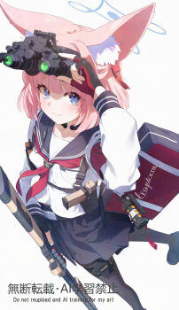 1girl adversarial_noise animal_ear_fluff animal_ears bag belt blue_archive blue_eyes blue_halo closed_mouth commentary_request fingerless_gloves fox_ears fox_girl glock gloves gun halo hamanashi_(trapiorra) handgun highres holding holding_gun holding_weapon light_smile long_sleeves looking_at_viewer neckerchief night_vision_device niko_(blue_archive) pantyhose pink_hair pleated_skirt pump_action red_neckerchief remington_870 sailor_collar school_uniform serafuku shoes short_hair shotgun simple_background skirt weapon white_background