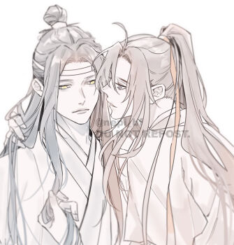 Rule 34 | 2boys, ahoge, bishounen, black hair, brown hair, chinese clothes, closed mouth, commentary request, couple, eye contact, hair ribbon, hand in another's hair, hanfu, headband, high ponytail, highres, holding another's hair, lan wangji, limited palette, long hair, long sleeves, looking at another, male focus, modao zushi, multiple boys, pale color, parted lips, ponytail, profile, purple eyes, red ribbon, ribbon, robe, sidelocks, simple background, smile, topknot, twitter username, upper body, watermark, wei wuxian, white background, white headband, wide sleeves, xiao guan (headdress), yaoi, yellow eyes, ykmr (haga)