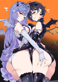 2girls absurdres ass belle_(zenless_zone_zero) black_gloves blue_hair blush elbow_gloves fingerless_gloves from_behind gloves green_eyes grey_gloves grin hair_ornament hand_on_another&#039;s_ass highres kurotsuki_machi letter_hair_ornament long_hair looking_at_viewer looking_back multiple_girls pointy_ears purple_hair purple_nails red_eyes smile vivian_banshee zenless_zone_zero