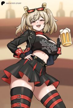 Rule 34 | 1girl, alcohol, artist name, beer, beer mug, belt, blush, bottle, breasts, burnice white, cleavage cutout, clothing cutout, commentary, crop top, cropped jacket, cup, drunk, eyewear on head, fingerless gloves, glasses, gloves, hayato stuff, high-waist skirt, highres, holding, holding cup, large breasts, looking at viewer, mug, navel, open mouth, patreon logo, shelf, skirt, spiked belt, spiked jacket, thick thighs, thighs, turtleneck, wine bottle, zenless zone zero