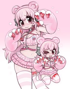 Rule 34 | > o, 1girl, :3, animal ear headphones, animal ears, animal hands, armpit peek, bare shoulders, bear ear headphones, bear ears, bear paws, belt, blood, blush stickers, boots, breasts, chibi, chibi inset, cleavage, closed mouth, collar, commentary, cosplay, crop top, english commentary, fake animal ears, fang, frilled shirt, frilled skirt, frills, gloomy bear, gloomy bear (cosplay), gloves, gradient background, grg x super sonico, headphones, highres, itazuraguma no gloomy, large breasts, long hair, looking at viewer, navel, nitroplus, one eye closed, open mouth, paw gloves, paw pose, pink background, pink belt, pink collar, pink hair, pink shirt, pink skirt, plushvampy, shirt, skin fang, skindentation, skirt, solo, sparkle, standing, striped clothes, striped thighhighs, super sonico, thighhighs, white background, white boots