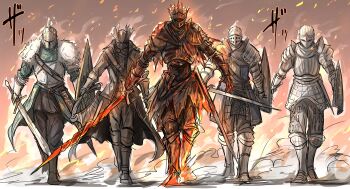 absurdres armor bearer_of_the_curse bloodborne burning chosen_undead dark_souls_(series) dark_souls_i dark_souls_ii dark_souls_iii demon's_souls full_armor fur_collar hat helmet highres hunter_(bloodborne) kankan33333 knight long_coat saw saw_cleaver shield slayer_of_demons soul_of_cinder sword walking weapon