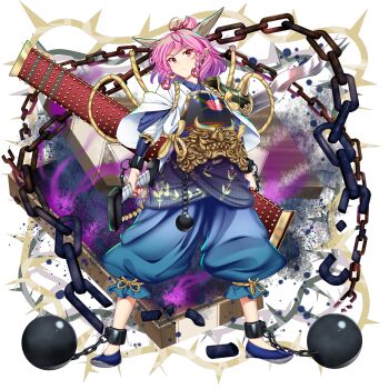 1girl alternate_costume armor ball_and_chain_restraint blue_pants box broken broken_chain chain closed_mouth clothing_request cuffs ear_piercing earrings fingernails floral_print game_cg highres holding holding_weapon hoop_earrings horns ibaraki_douji&#039;s_arm japanese_armor jewelry long_fingernails looking_at_viewer official_art oni pants pauldrons piercing pink_hair red_nails ring_hair_ornament rose_print rotte_(1109) shackles shoulder_armor single_pauldron solo third-party_source touhou touhou_lostword transparent_background weapon weapon_on_back weapon_request