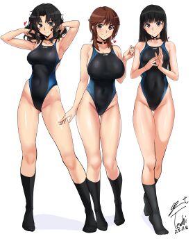 3girls absurdres amagami ayatsuji_tsukasa black_eyes black_hair black_one-piece_swimsuit breasts brown_eyes brown_hair choker competition_swimsuit covered_navel dated full_body highres large_breasts long_hair looking_at_viewer medium_breasts messy_hair multiple_girls one-piece_swimsuit sakurai_rihoko short_hair signature smile socks swimsuit tanamachi_kaoru wavy_hair yoo_tenchi