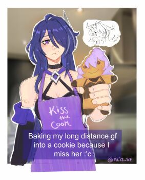 1girl acheron_(honkai:_star_rail) aliz_sf baking_my_long_distance_bf_into_a_cookie_because_i_miss_him_(meme) black_choker black_swan_(honkai:_star_rail) breasts character-themed_food character_cookie choker cookie english_text food foodification gingerbread_cookie hair_over_one_eye highres holding holding_cookie holding_food honkai:_star_rail honkai_(series) implied_yuri kitchen large_breasts long_hair looking_at_viewer meme multicolored_hair oven photo_background purple_eyes purple_hair streaked_hair tears tears_from_one_eye very_long_hair wife_and_wife