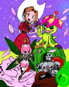 Rule 34 | andromon, brown eyes, brown hair, digimon, digimon (creature), digimon adventure: (2020), fairy, flower, guardromon, lilimon, long hair, monster girl, palmon, petals, plant girl, sharp teeth, tachikawa mimi, teeth