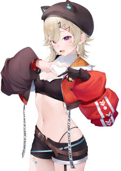 Rule 34 | 1girl, :d, absurdres, animal hat, belt, black hat, black jacket, black shorts, blonde hair, bomber jacket, breasts, brown belt, cat hat, cleavage, commentary, covered collarbone, cowboy shot, crop top, earrings, facial mark, gloves, hair between eyes, hair ornament, hairclip, hairpin, hat, hat with ears, heart, heart hands, highres, jacket, jewelry, komori met, komori met (5th costume), long hair, long sleeves, looking at viewer, midriff, multicolored jacket, multiple hairpins, navel, off shoulder, open mouth, orange jacket, panty straps, partially fingerless gloves, planet earrings, purple eyes, shirt, shorts, sidelocks, sido (ama r007), simple background, single bare shoulder, single earring, single glove, small breasts, smile, solo, standing, triangle, triangle facial mark, unzipped, virtual youtuber, vspo!, white background, wristband, zipper, zipper pull tab