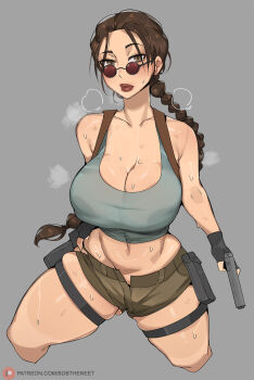 1girl bare_shoulders black_gloves blue_tank_top blush braid braided_ponytail breasts brown_eyes brown_hair dr_octojuice fingerless_gloves gloves gun highres holding holding_gun holding_weapon jewelry lara_croft large_breasts lips long_hair looking_at_viewer midriff navel plump pouch round_eyewear shiny_skin shorts single_braid skindentation solo sunglasses sweat tank_top thighlet tomb_raider very_long_hair weapon wide_hips
