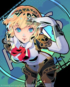 1girl aigis_(persona) android arm_up bent_over blonde_hair blue_background blue_eyes bow character_name commentary cowboy_shot ellphii english_commentary facing_viewer gold_hairband green_background hairband hand_up highres looking_at_viewer mechanical_arms mechanical_legs parted_lips persona persona_3 red_bow robot_ears salute short_hair solo twitter_username