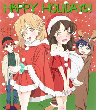 1girl 3boys :d animal_costume bare_shoulders brown_hair christmas closed_mouth crossdressing dress happy_holidays hat highres ishino_mikoto kurumada_gou long_hair looking_at_viewer multiple_boys nori_(norimakigumo) open_mouth orange_hair reindeer_costume santa_costume santa_dress santa_hat scrunchie skirt smile tomica_hyper_rescue_drive_head:_kidou_kyuukyuu_keisatsu wig wrist_scrunchie
