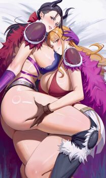 Rule 34 | 2026, 2girls, absurdres, alternate costume, beast pirates uniform, bed sheet, bikini, black hair, blue eyes, blush, boots, breasts, brown gloves, cleavage, commentary, english commentary, feathers, from above, gloves, grabbing another's thighs, grin, highres, horns, interlocked legs, knee boots, large breasts, long hair, looking at viewer, low-tied long hair, lying, multiple girls, nami (one piece), nami (one piece) (onigashima), nico robin, nico robin (onigashima), official alternate costume, on bed, on side, one eye closed, one piece, orange hair, purple gloves, rasipan, shoulder pads, sideboob, smile, swimsuit, thigh grab, thighs