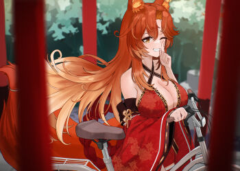 1girl absurdres animal_ears ayul_(ayulneri_92) bicycle breasts cleavage criss-cross_halter detached_sleeves fox_ears fox_girl fox_tail halterneck highres indie_virtual_youtuber japanese_clothes kimono large_breasts long_hair one_eye_closed red_eyes red_hair smile smug_alana tail virtual_youtuber
