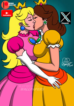 Rule 34 | 2girls, artist name, blonde hair, breasts, brown hair, crown, dress, earrings, flipped hair, flower earrings, gloves, hug, jewelry, kiss, long hair, mario (series), multiple girls, nintendo, orange dress, pink dress, princess daisy, princess peach, super mario bros. 1, super mario land, yuri
