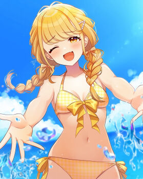 1girl bikini blonde_hair blush braid breasts front-tie_bikini_top front-tie_top fujita_kotone gakuen_idolmaster idolmaster long_hair looking_at_viewer navel one_eye_closed open_mouth outdoors outstretched_arms plaid_bikini plaid_clothes sakura_ran side-tie_bikini_bottom small_breasts smile solo swimsuit twin_braids wadding yellow_eyes
