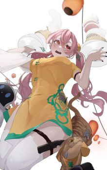 1girl animal breasts cat china_dress chinese_clothes cowboy_shot double-parted_bangs dress earrings edge_ill from_below hair_between_eyes hashtag-only_commentary highres holding holding_plate holster jewelry knife knife_sheath large_breasts long_hair looking_up open_mouth original pink_hair plate plate_stack red_eyes robot sheath solo stud_earrings thigh_holster thighhighs thighs white_background white_thighhighs yellow_dress