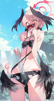 1-5iro 2girls absurdres bare_shoulders bikini black_bikini black_wings blue_archive blue_sky blush bow breasts collarbone feathered_wings hair_bow halo hanako_(blue_archive) hanako_(swimsuit)_(blue_archive) head_wings highres koharu_(blue_archive) koharu_(swimsuit)_(blue_archive) long_hair looking_at_viewer low_twintails manga_(object) multiple_girls navel pink_eyes pink_hair ruler sky small_breasts solo_focus swimsuit thighs twintails wings