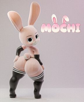 1other animal_ears ass black_sleeves black_thighhighs film_grain from_behind furry grabbing_own_ass highres huge_ass logo looking_at_viewer looking_back non-web_source novart original pink_fur rabbit_boy rabbit_ears rabbit_tail seductive_smile smile tail thighhighs trap white_background