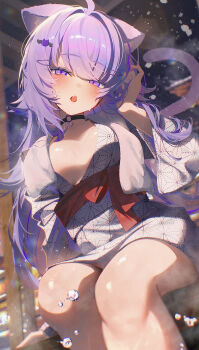 1girl :o absurdres ahoge animal_ear_fluff animal_ears black_choker blurry blurry_background breasts cat_ears cat_girl cat_tail choker cleavage commentary_request fang highres hololive japanese_clothes kimono large_breasts long_hair long_sleeves looking_at_viewer nekomata_okayu o-ring o-ring_choker obi open_mouth purple_eyes purple_hair sash sitting skin_fang solo tail virtual_youtuber white_kimono yukata yusha_(lv1_yusha_522)