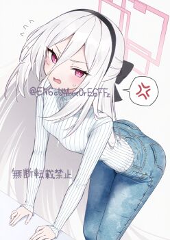 1girl absurdly_long_hair adversarial_noise albino alternate_costume anger_vein ass bent_over black_hairband black_ribbon blue_archive blue_pants bluesky_username blush breasts bright_pupils casual commentary cowboy_shot d: denim fingernails flying_sweatdrops frown furrowed_brow hair_between_eyes hair_ribbon hairband half_updo halo highres jeans kei_(blue_archive) kei_(new_body)_(blue_archive) legs_together long_hair long_hair_between_eyes long_sleeves looking_at_viewer open_mouth pale_skin pants pink_eyes pink_halo pocket rectangular_halo ribbed_sweater ribbon ringed_eyes simple_background small_breasts speech_bubble spoken_anger_vein sweatdrop sweater sweater_tucked_in turtleneck turtleneck_sweater very_long_hair white_background white_hair white_pupils white_sweater yamano_rokamizu