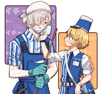 2boys andrew_kreiss aqua_gloves bag blonde_hair blue_eyes blue_overalls blue_vest blush brown_eyes eye_contact gloves hair_over_one_eye hat headscarf height_difference highres identity_v kepi lawson light_blush looking_at_another male_focus military_hat moio3oiom multiple_boys overalls satchel scar scar_on_face shirt striped_clothes striped_shirt striped_vest sweat twitter_username upper_body vest victor_grantz victor_grantz_(lawson_time) white_hair white_shirt yaoi
