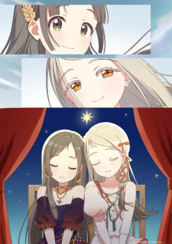 2girls black_dress blonde_hair blush braid brown_eyes brown_hair closed_eyes closed_mouth collarbone colored_eyelashes commentary_request curtains dress earrings facing_viewer flipped_hair gakuen_idolmaster gradient_hair gradient_sky grey_hair hair_ornament hair_ribbon highres idolmaster jewelry kuramoto_china laurels leaf_hair_ornament long_hair looking_at_viewer multicolored_hair multiple_girls multiple_views necklace off-shoulder_dress off_shoulder orange_eyes puffy_short_sleeves puffy_sleeves red_ribbon ribbon ribbon_braid shinosawa_hiro short_sleeves single_braid single_sleeve sky sleeping sleeping_on_person smile star_(sky) starry_sky stud_earrings sunfaded_(idolmaster) swept_bangs twitter_username usagichama white_dress