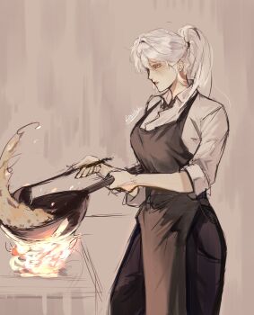 1girl apron black_apron collared_shirt contrapposto cowboy_shot fire food frying_pan grey_eyes high_ponytail highres holding holding_frying_pan holding_ladle ladle logicsterrr long_hair nephis_(shadow_slave) pelvic_curtain ponytail shadow_slave shirt solo white_hair white_shirt