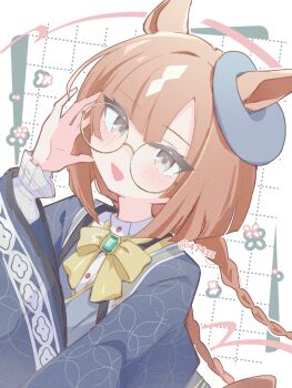 animal_ears anzen_robo_(474zz) blue_jacket blue_kimono blush bow braid brown_hair commentary_request ears_through_headwear gem glasses green_gem hat horse_ears horse_girl horse_tail ikuno_dictus_(stroll_along_the_orderly_road)_(umamusume) ikuno_dictus_(umamusume) jacket japanese_clothes kimono long_hair long_sleeves multicolored_hair open_mouth round_eyewear shirt smile tail twin_braids two-tone_hair umamusume white_hair white_shirt yellow_bow