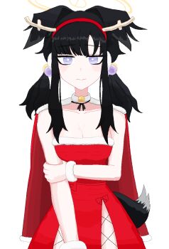 1girl animal_ears black_hair blue_archive christmas closed_mouth coffeeoo-com dog_ears dog_girl dog_tail dress halo hibiki_(blue_archive) highres long_hair looking_at_viewer merry_christmas purple_eyes santa_costume santa_dress simple_background smile solo tail white_background