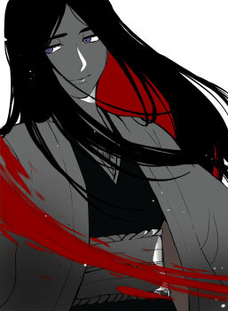 1046sstep_btoh 1girl bleach bleach:_sennen_kessen-hen blood commentary_request facial_scar greyscale haori highres japanese_clothes long_hair looking_to_the_side monochrome obi purple_eyes sash scar scar_on_cheek scar_on_face shihakusho smile solo spot_color taichou_haori unohana_retsu upper_body