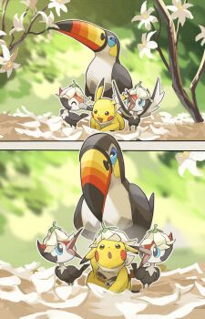 absurdres bandana bandana_around_neck beak bird blue_eyes brown_eyes closed_mouth flower gen_1_pokemon gen_7_pokemon highres nintendo no_humans open_mouth outdoors petals pikachu pikipek pokemon pokemon_(creature) pokemon_focus smile tail toucan toucannon white_bandana wings yamaori_(hakkentai_pokedan)