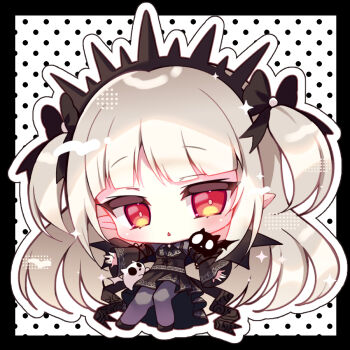 Rule 34 | 1girl, :<, a bao a qu the lightless shadow, black border, black bow, black dress, black shoes, border, bow, chibi, commentary request, dress, duel monster, full body, grey hair, grey pantyhose, hair bow, long hair, long sleeves, outline, pantyhose, parted lips, pointy ears, polka dot, polka dot background, red eyes, shoes, sleeves past wrists, solo, suzunone rena, triangle mouth, two side up, very long hair, white background, white outline, wide sleeves, yu-gi-oh!