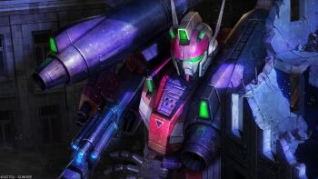 Rule 34 | absurdres, building, copyright notice, g-cannon magna, green visor, gundam, gundam battle operation 2, gundam silhouette formula 91, highres, machinery, mecha, mecha focus, mobile suit, no humans, official art, painting (medium), realistic, robot, ruins, scan, science fiction, shoulder cannon, sunrise (company), tenjin hidetaka, traditional media