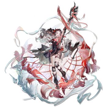 1girl arknights banban_(vvvviiiiiia) black_hair demon_girl demon_horns floating floating_hair full_body holding holding_staff horns official_art paprika_(arknights) red_theme simple_background solo staff third-party_source transparent_background