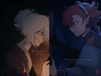 2girls asticassia_school_uniform blue_eyes commentary english_commentary english_text grey_eyes gundam gundam_suisei_no_majo hair_bun hairband highres holding holding_phone ladyl0vr long_hair miorine_rembran multiple_girls phone red_hair rubble school_uniform split_screen suletta_mercury thick_eyebrows white_hair